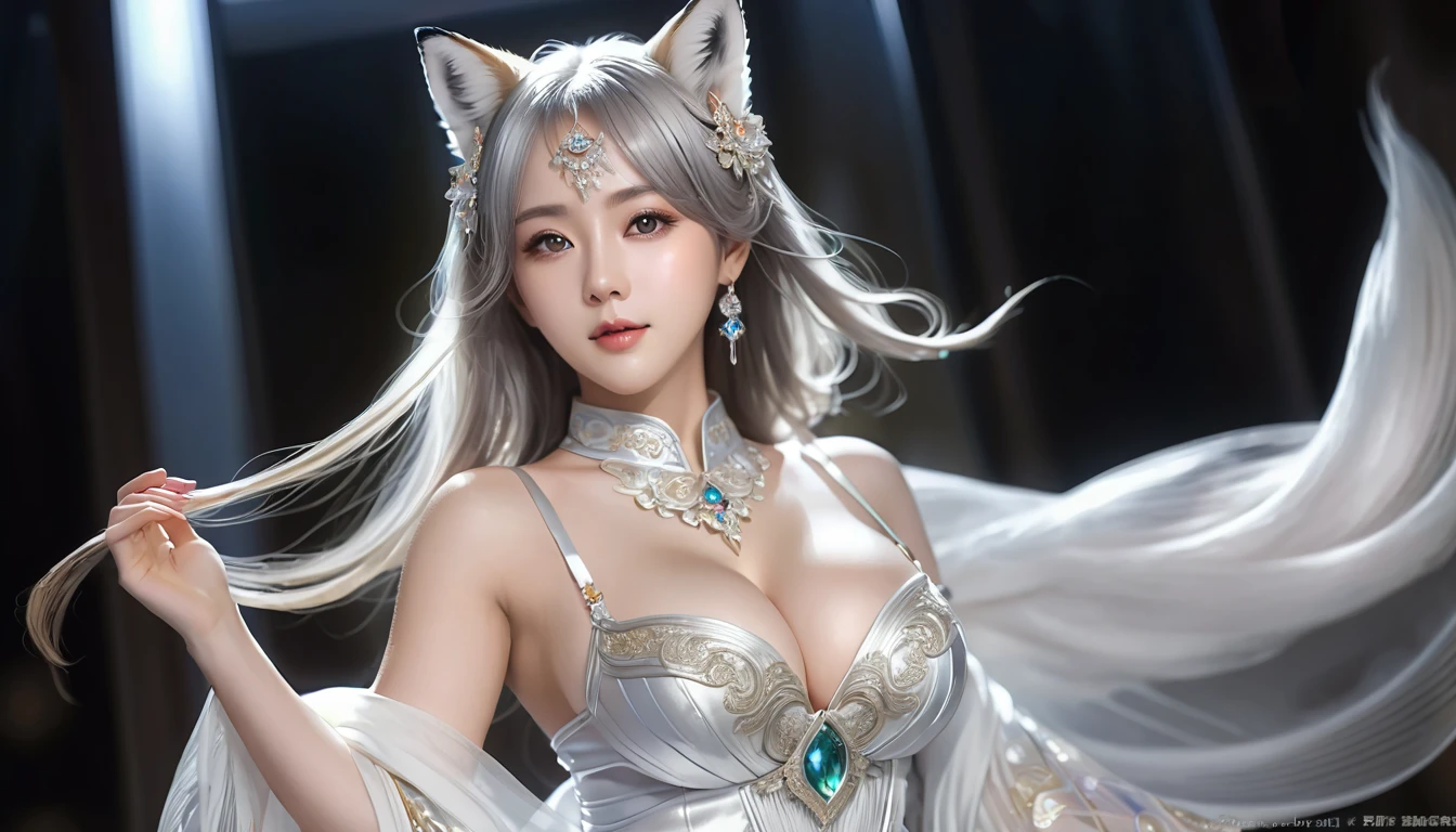Woman in transparent dress,Viewer,(((Huge breasts, Keeley University))),Slim waist,(Navel exposed,Bare waist), Long hair, extreme detailed details,High-end real site, Heavy rain scene, Detailed fantasy art, Stunning character art, Beautiful and exquisite character art, Beautiful gold and silver dress, Very detailed, Girl in shiny cheongsam, Exquisite headpieces and jewellery,Crystal jewelry filigree, galaxy, Stunning visuals, (Dynamic Stripes, light rail:1.2), Vibrant colors,Long hair动漫女孩和fox, Beautiful platinum fox lady, 白毛fox, Beautiful character painting, Beautiful anime portrait, fox耳朵的女孩, a beautiful fox woman, Mystical artwork, Guweiz, by Ren Renfa, fox, Large Breasts,Full breasts,Golden ratio figure,Perfect body,Ultra wide-angle shooting,Full body shot,Body close-up,Full body shot,Look at the audience,穿着薄纱Pleated Skirt,Soft anime illustration, Soft dark background,Fujifilm XT3 Clear focus, f 5.6, High Detail, Clear focus, Dramatic, (Wearing openwork clothing), (Looking at the audience:1.8), (Natural light), (Tempting)translucent, Good velvet quality, Compared, Divine Light,, Silver gray hair, Sky background, Absolute Strength,Female angels,Girl in sexy silk,,Large Breasts,Full breasts,Golden ratio figure,Perfect body,Ultra wide-angle shooting,Full body shot,Body close-up,Full body shot,Look at the audience,, 穿着薄纱Pleated Skirt, Model shooting style, Large Breasts,Full breasts,Golden ratio figure,Perfect body,(Extremely detailed CG 8k wallpaper unit), The most beautiful artistic photos in the world, , 8K Ultra HD, soft light, high quality, Film Grain, Fujifilm XT3 Clear focus, f 5.6, High Detail, Clear focus, Dramatic, (Wearing openwork clothing), (Looking at the audience:1.8), (Natural light), (Tempting) Lying on your side in bed,Lazy gesture,Charming and seductive expression,best quality,masterpiece,Ultra-high resolution,(Practical:1.4),original photo,Ultra-high resolution,8K,There was a woman,White skin,Exquisite makeup,Big Wave,Pleated Skirt,High heel,Long legs,Bright beautiful eyes,用浅色眼影打造Exquisite makeup,