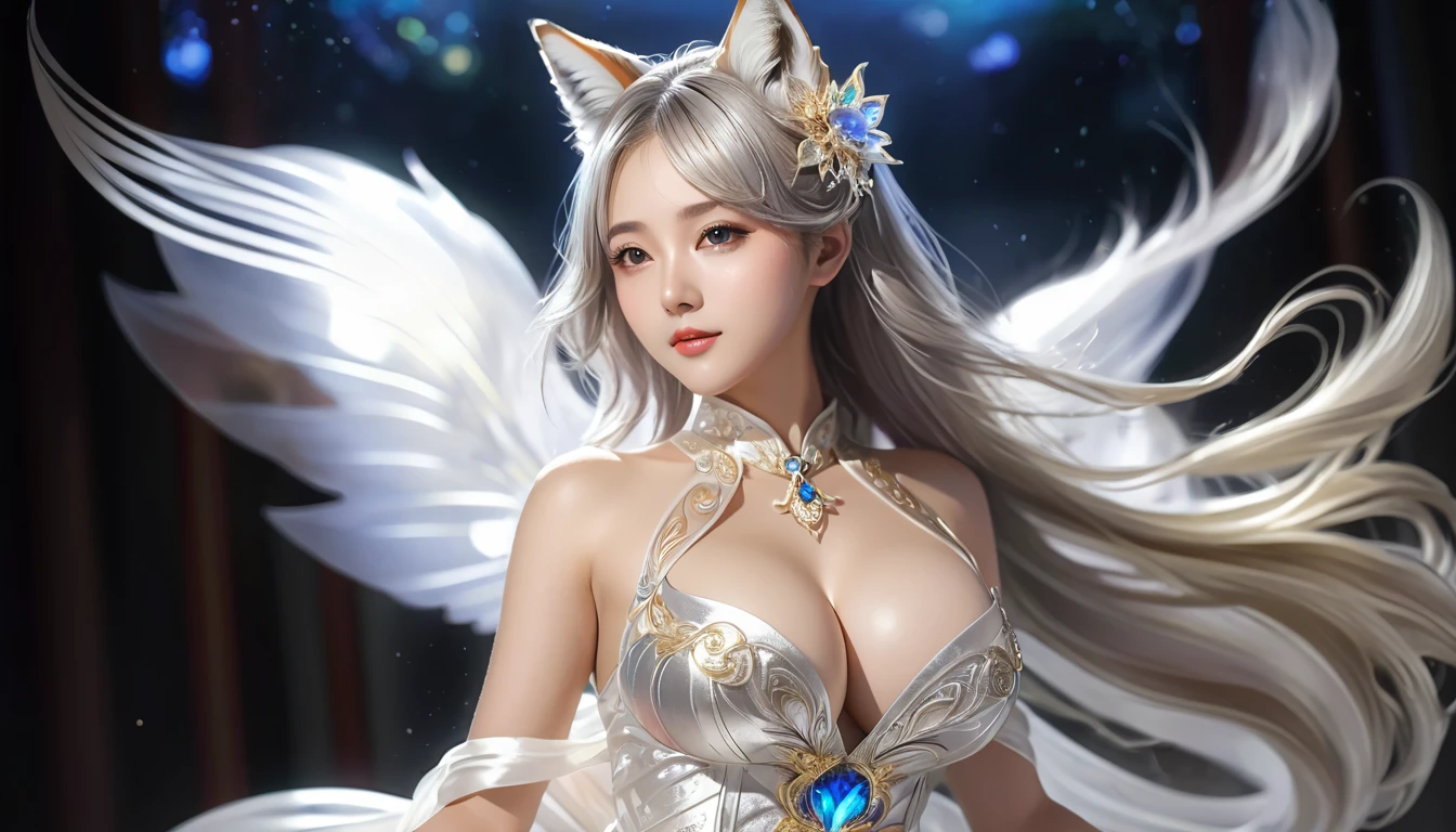 Woman in transparent dress,Viewer,(((Huge breasts, Keeley University))),Slim waist,(Navel exposed,Bare waist), Long hair, extreme detailed details,High-end real site, Heavy rain scene, Detailed fantasy art, Stunning character art, Beautiful and exquisite character art, Beautiful gold and silver dress, Very detailed, Girl in shiny cheongsam, Exquisite headpieces and jewellery,Crystal jewelry filigree, galaxy, Stunning visuals, (Dynamic Stripes, light rail:1.2), Vibrant colors,Long hair动漫女孩和fox, Beautiful platinum fox lady, 白毛fox, Beautiful character painting, Beautiful anime portrait, fox耳朵的女孩, a beautiful fox woman, Mystical artwork, Guweiz, by Ren Renfa, fox, Large Breasts,Full breasts,Golden ratio figure,Perfect body,Ultra wide-angle shooting,Full body shot,Body close-up,Full body shot,Look at the audience,穿着薄纱Pleated Skirt,Soft anime illustration, Soft dark background,Fujifilm XT3 Clear focus, f 5.6, High Detail, Clear focus, Dramatic, (Wearing openwork clothing), (Looking at the audience:1.8), (Natural light), (Tempting)translucent, Good velvet quality, Compared, Divine Light,, Silver gray hair, Sky background, Absolute Strength,Female angels,Girl in sexy silk,,Large Breasts,Full breasts,Golden ratio figure,Perfect body,Ultra wide-angle shooting,Full body shot,Body close-up,Full body shot,Look at the audience,, 穿着薄纱Pleated Skirt, Model shooting style, Large Breasts,Full breasts,Golden ratio figure,Perfect body,(Extremely detailed CG 8k wallpaper unit), The most beautiful artistic photos in the world, , 8K Ultra HD, soft light, high quality, Film Grain, Fujifilm XT3 Clear focus, f 5.6, High Detail, Clear focus, Dramatic, (Wearing openwork clothing), (Looking at the audience:1.8), (Natural light), (Tempting) Lying on your side in bed,Lazy gesture,Charming and seductive expression,best quality,masterpiece,Ultra-high resolution,(Practical:1.4),original photo,Ultra-high resolution,8K,There was a woman,White skin,Exquisite makeup,Big Wave,Pleated Skirt,High heel,Long legs,Bright beautiful eyes,用浅色眼影打造Exquisite makeup,