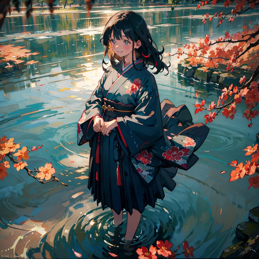 (masterpiece), (high resolution 8K), professional illustration, 1 girl, late teenage, standing, long shot, dutch angle, japanese clothes, kimono, medium hair, happy laughing, looking away, waterfalls, clear streams, morning, natural lighting, high contrast, stunning face, symmetrical clear eyes, detailed eyes and face