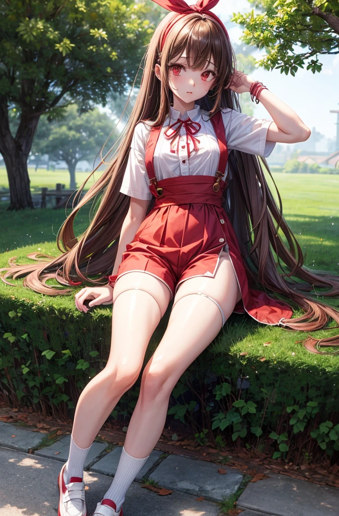 Anju from zombie 100 anime, she has long brown hair with a red ribbon hairband, white buttoned shirt wjth short sleeves, overall shorts, short white socks, and white dress shoes, she has a slender body with a flat chest and a medium bubble butt.