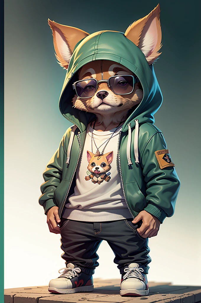 C4tt4stic, Cartoon Chihuahua in jacket and skateboard, Sunglasses,green