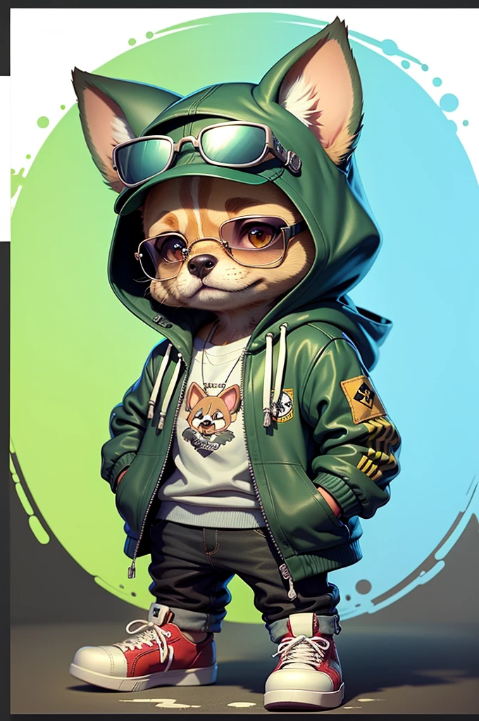 C4tt4stic, Cartoon Chihuahua in jacket and skateboard, Sunglasses,green