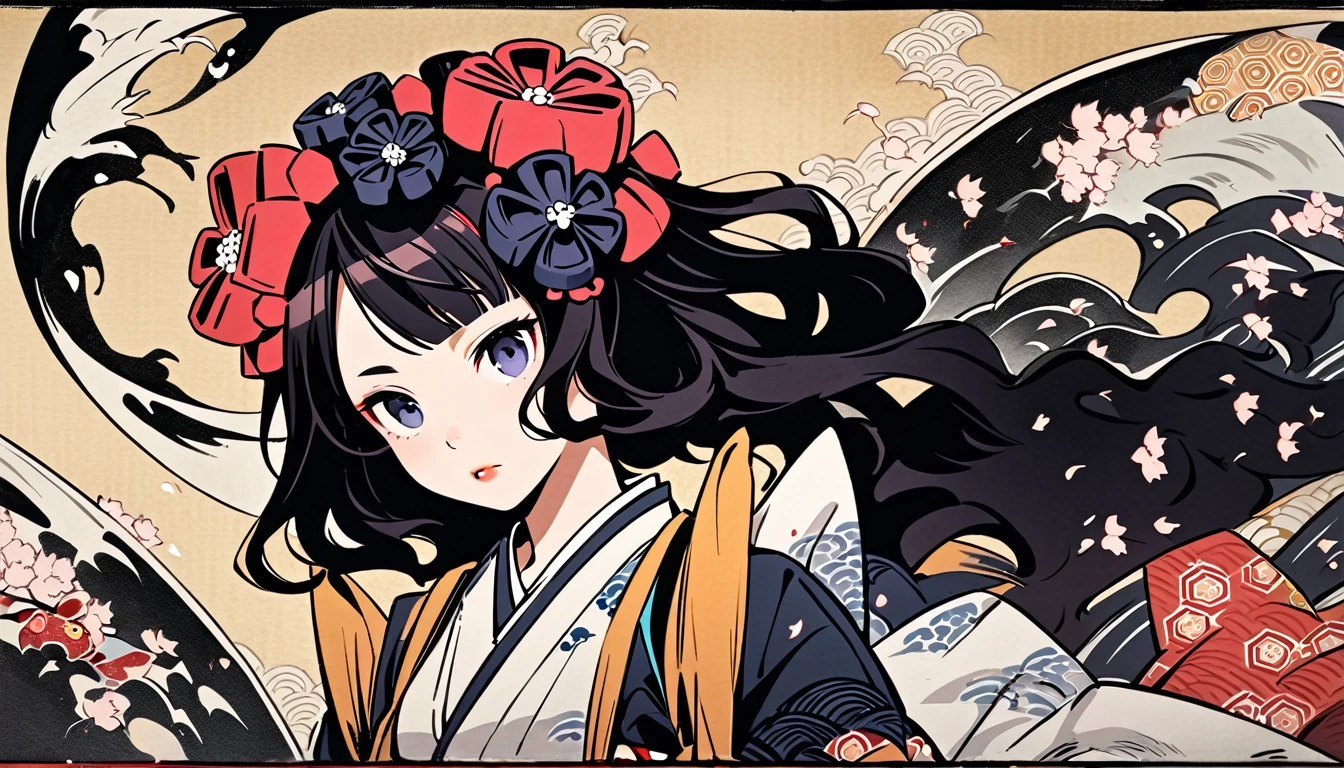 (((Highest quality))), (((Katsushika Hokusai))), (((Ink Painting))), (((cherry blossoms))), (very straight longhair)), ((1 girl)), ((beautiful girl)), Japanese style headphones, Black Hair, Delicate and precise, Modern ukiyo-e style, Koi