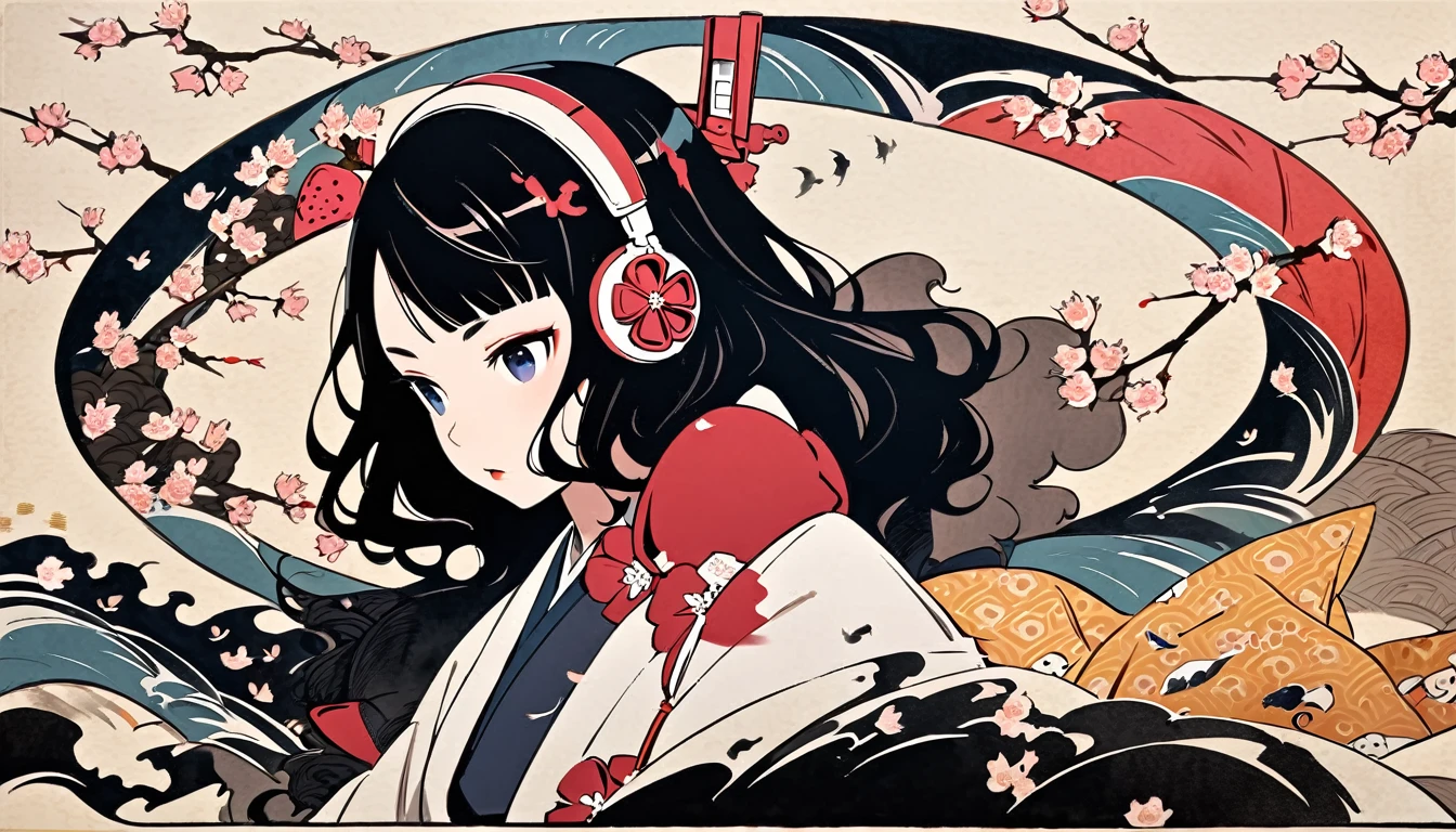 (((Highest quality))), (((Katsushika Hokusai))), (((Ink Painting))), (((cherry blossoms))), (very straight longhair)), ((1 girl)), ((beautiful girl)), Japanese style headphones, Black Hair, Delicate and precise, Modern ukiyo-e style, Koi