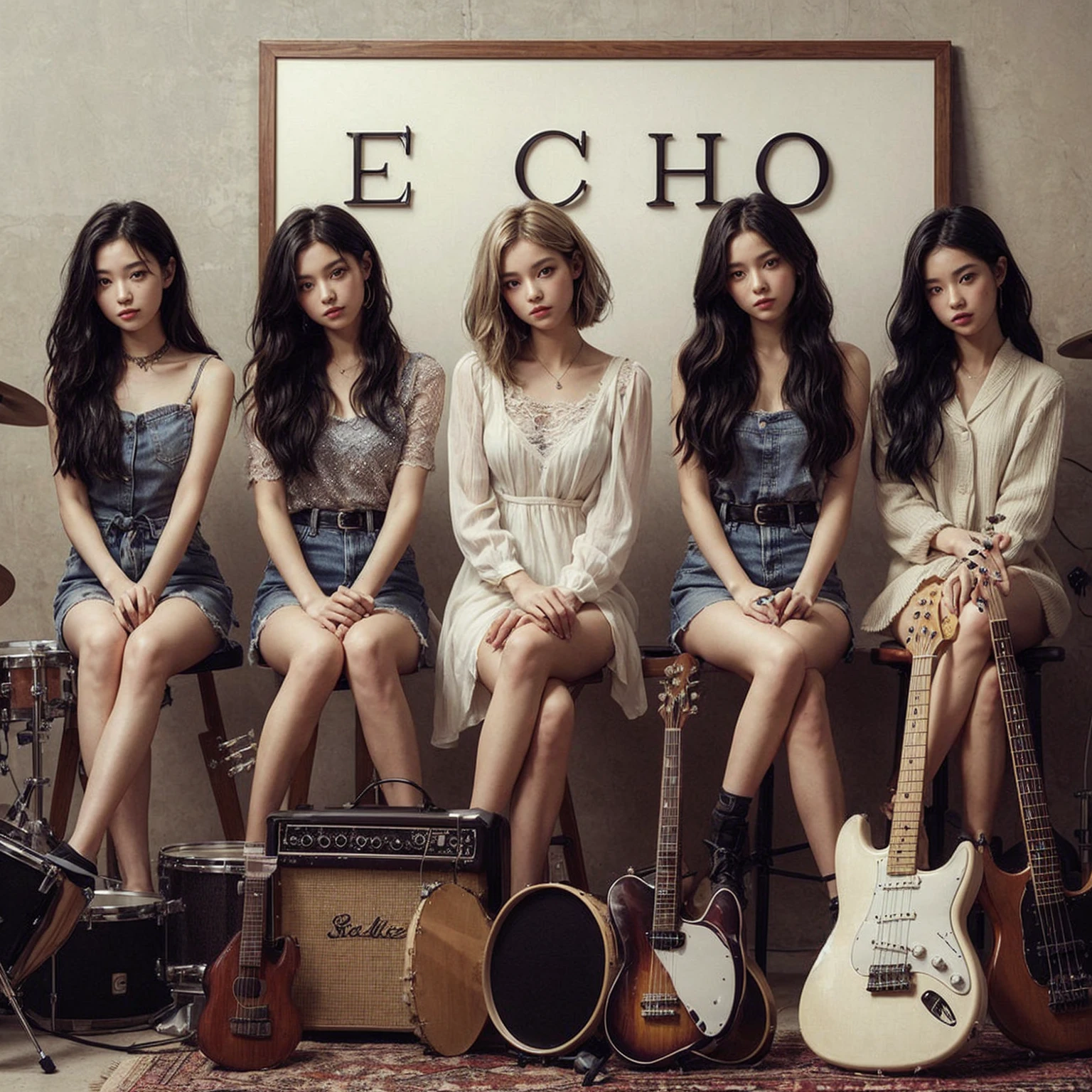 **Photo of 5 beautiful girls, aged 18 to 20, sitting:**
- **3 girls with messy black hair**
- **1 girl with wavy bob black hair**
- **1 girl with a black ponytail**
One girl is playing the drums, one girl is playing the piano, one girl is playing the bass guitar, one girl is playing the guitar, and one girl is singing. They are sitting behind a board with the word "ECHO" written on it. The background is a music studio, complete with drums, guitars, bass guitar, and piano. The image is ultra HD, 4k, photorealistic, raw, and a masterpiece.