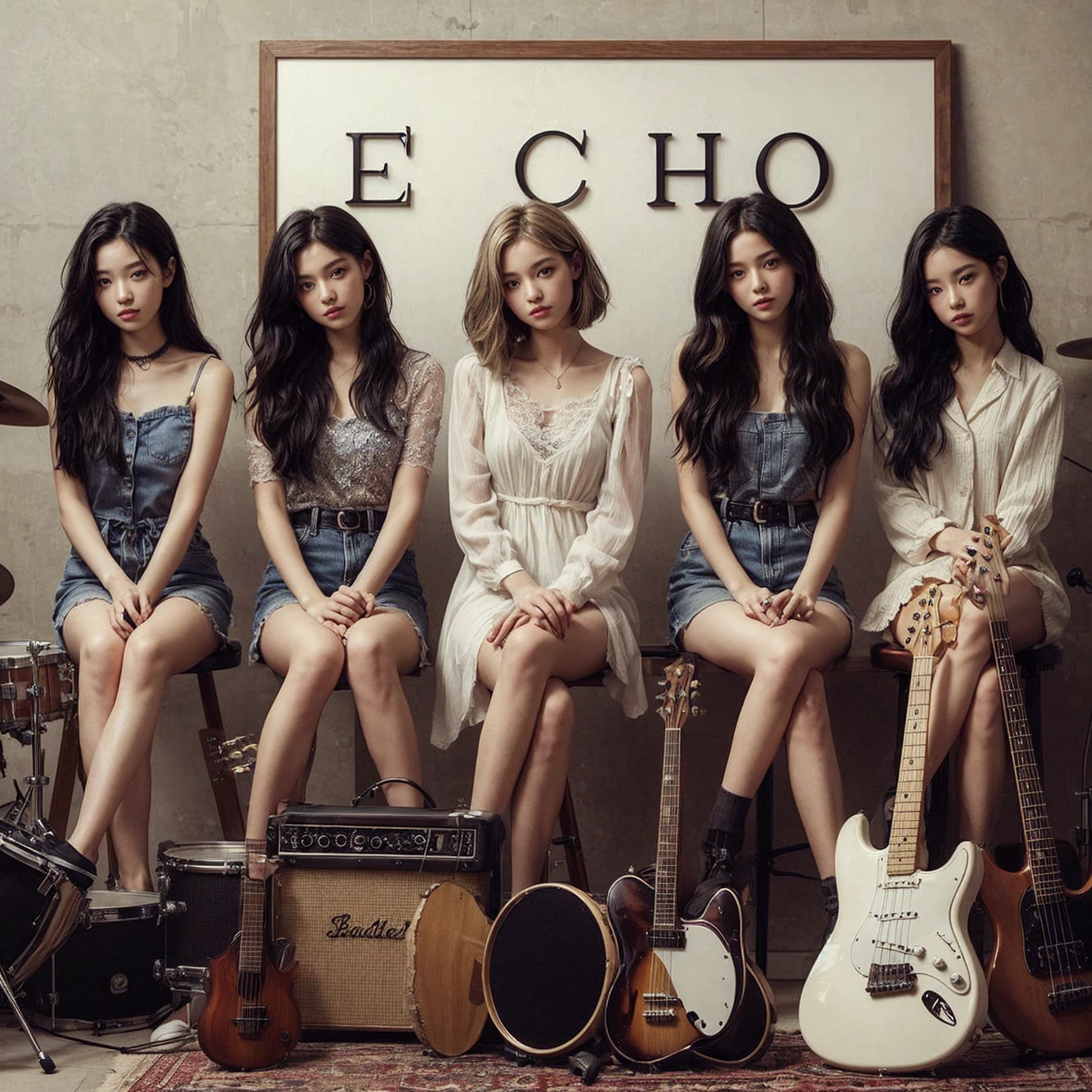 **Photo of 5 beautiful girls, aged 18 to 20, sitting:**
- **3 girls with messy black hair**
- **1 girl with wavy bob black hair**
- **1 girl with a black ponytail**
One girl is playing the drums, one girl is playing the piano, one girl is playing the bass guitar, one girl is playing the guitar, and one girl is singing. They are sitting behind a board with the word "ECHO" written on it. The background is a music studio, complete with drums, guitars, bass guitar, and piano. The image is ultra HD, 4k, photorealistic, raw, and a masterpiece.