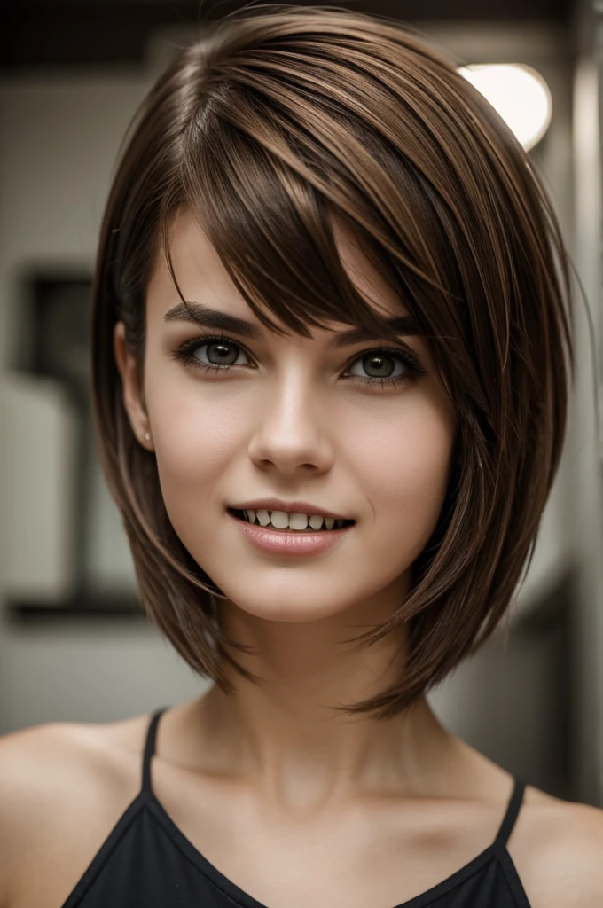Create me a girl with very sharp teeth and a wold cut but boycut long with light brown hair