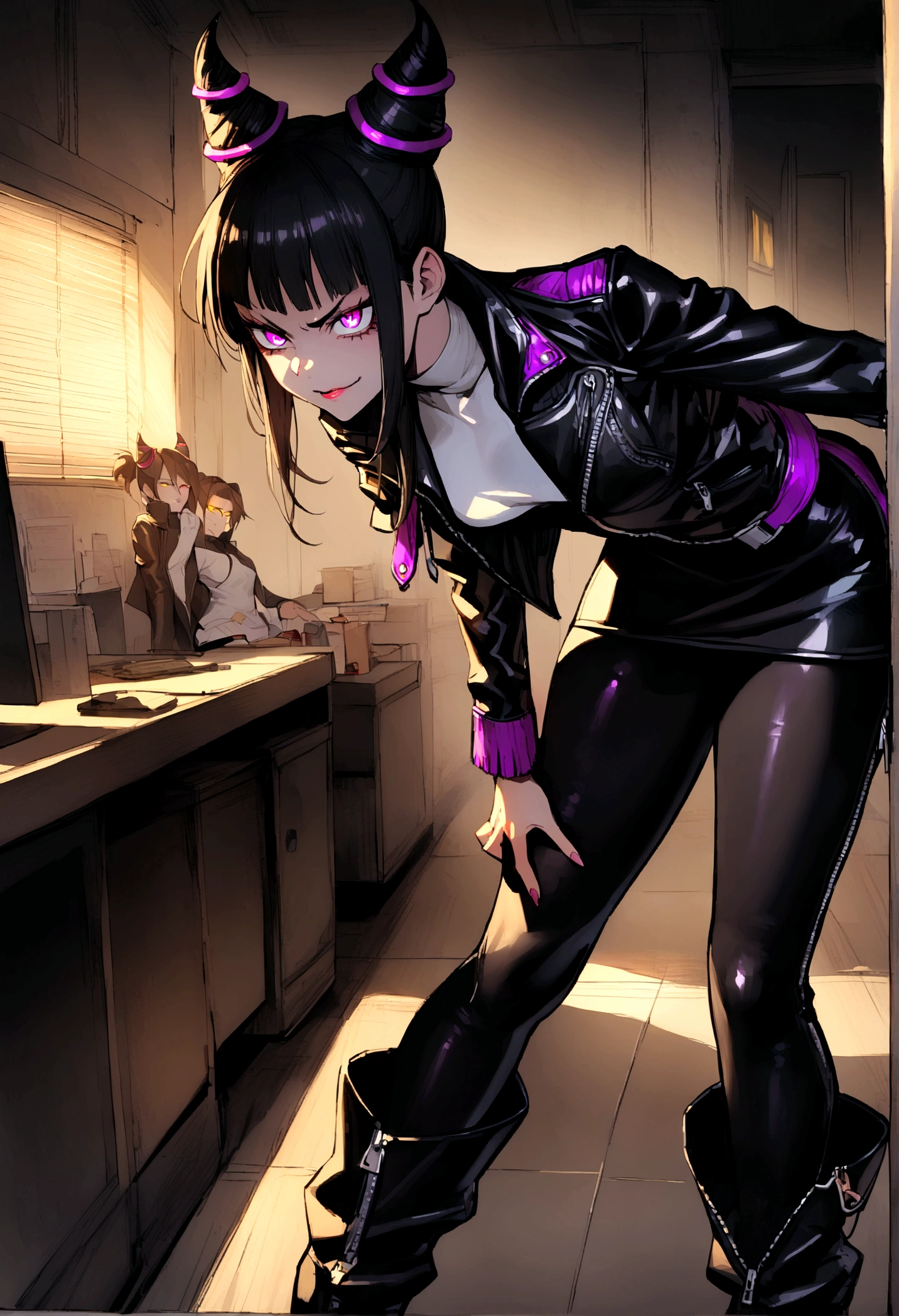 juri han,standing backwards para o espectador,beautiful young warrior , with a very detailed and beautiful face, beautifuleyes, beautifuleyes, gorgeous face, glowing purple eyes,beautiful young woman wearing long black leggings with black details, usando leather jacket preta, Standing in an office, wearing black boots, horn hair, with black fringe, , evil smile ,white sweater with strap around, serious look,usando leather jacket preto, leather jacket,standing backwards,yellow lighting, evil smile,leggings,standing backwards para o espectador
