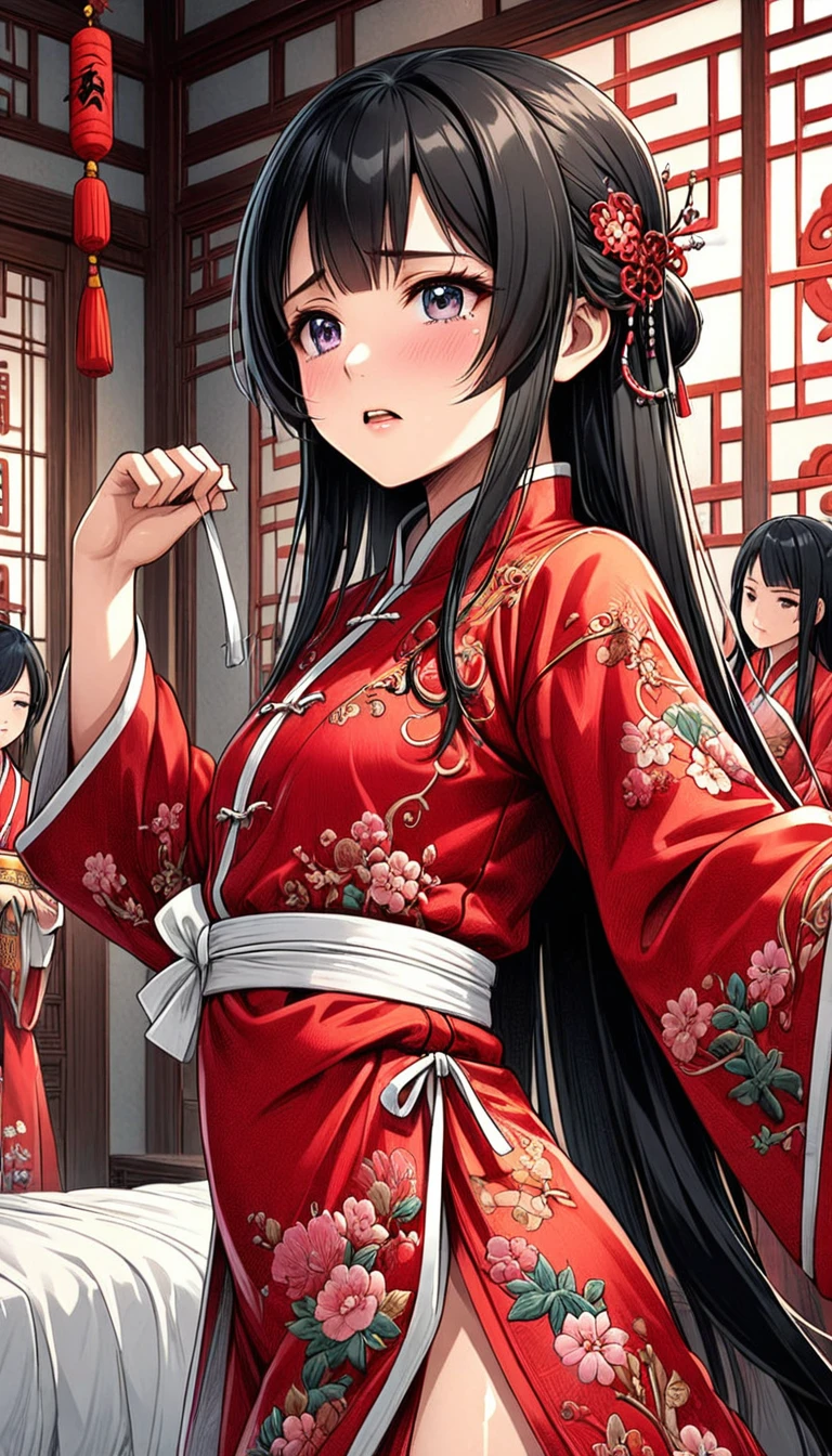 A tragic historical drama in 8k live-action style: Beautiful palace secrets A beautiful 10-year-old Chinese kung fu princess with long black hair is held down by servants and forced to have her nipples examined by a doctor and vigorously played with. Gorgeous embroidery, Ultra glossy, She is wearing a shiny red top and bottom long sleeve floral pajama kung fu suit.... She resists and cries