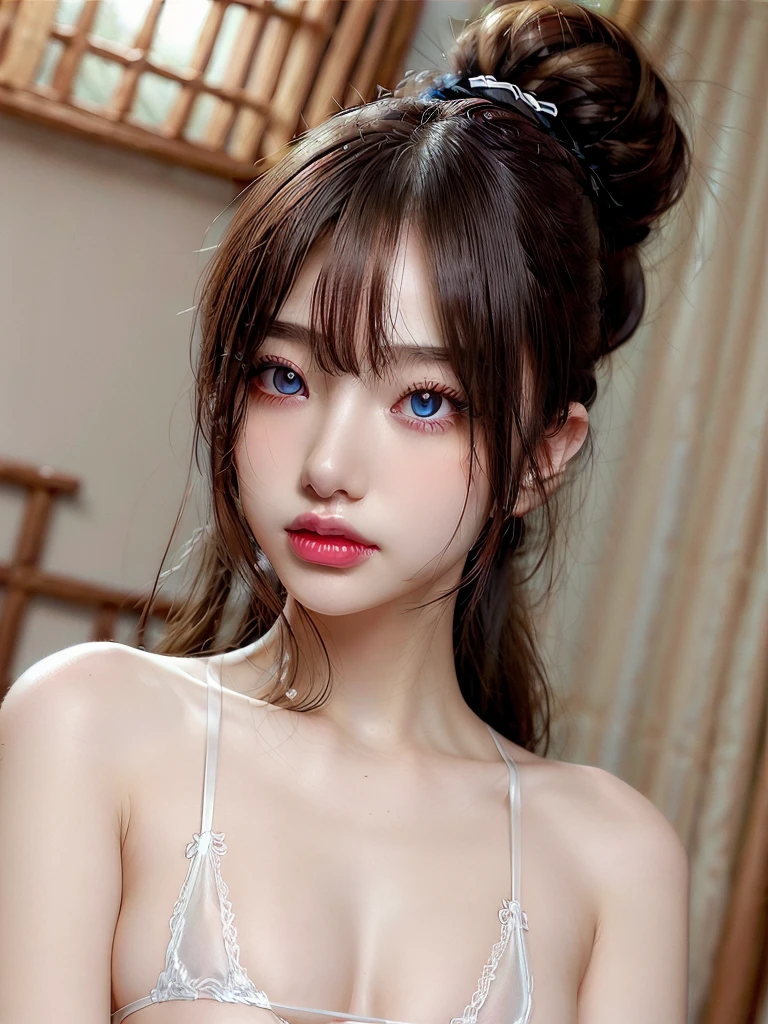 High resolution, masterpiece,Highest quality, Super detailed, (Fine grain), (Detailed face), One girl,figure, Gray Hair, Red eyes, Best details, (Glowing Eyes), Flat-breasted, Backlight, (abdomen:1.4), light, High Contrast, colorful,room_Idol, (ponytail:1.2),(Happy:1.2),View your viewers,Upper Body,(White Bra:1.3),(),(Hair Clip:1.2)、Mid-shot photo