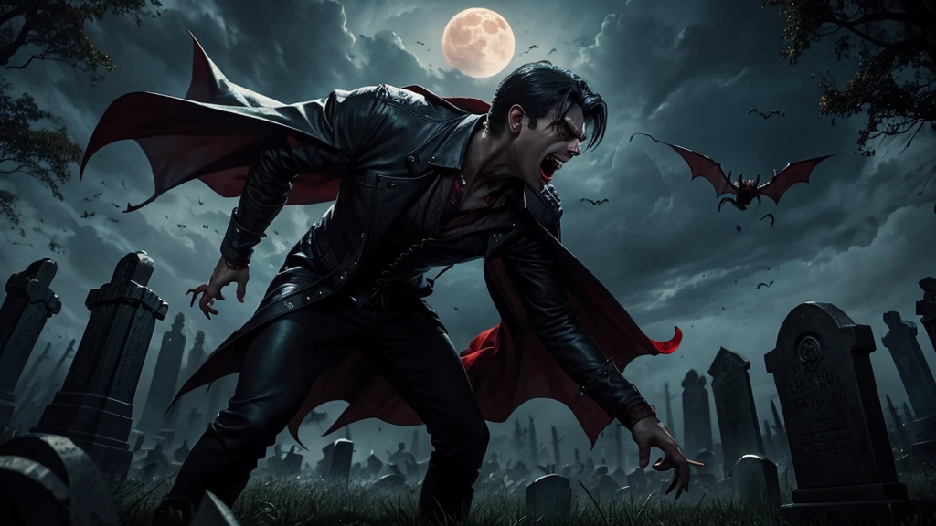 A male vampire standing aggressively on a graveyard, vampire bats are flying aggressively, night, horror, movie poster, oil painting effect, angry, motion, Indian, red eyeball, moon, long teeth, long nail,