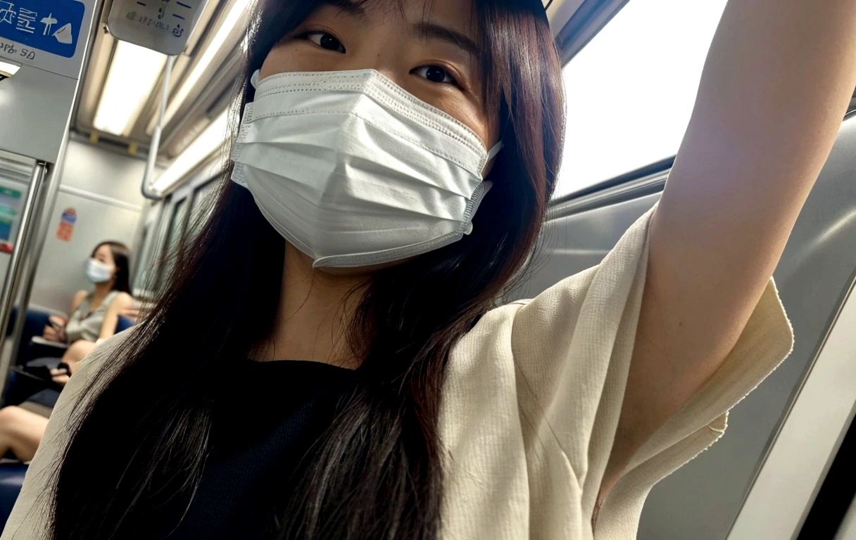 An office lady wearing a mask on the subway, Wear a mask, Inside the train, Wearing a mask, Selfie taken at a straight angle, Beautiful Armpits,Big tits showing armpits
