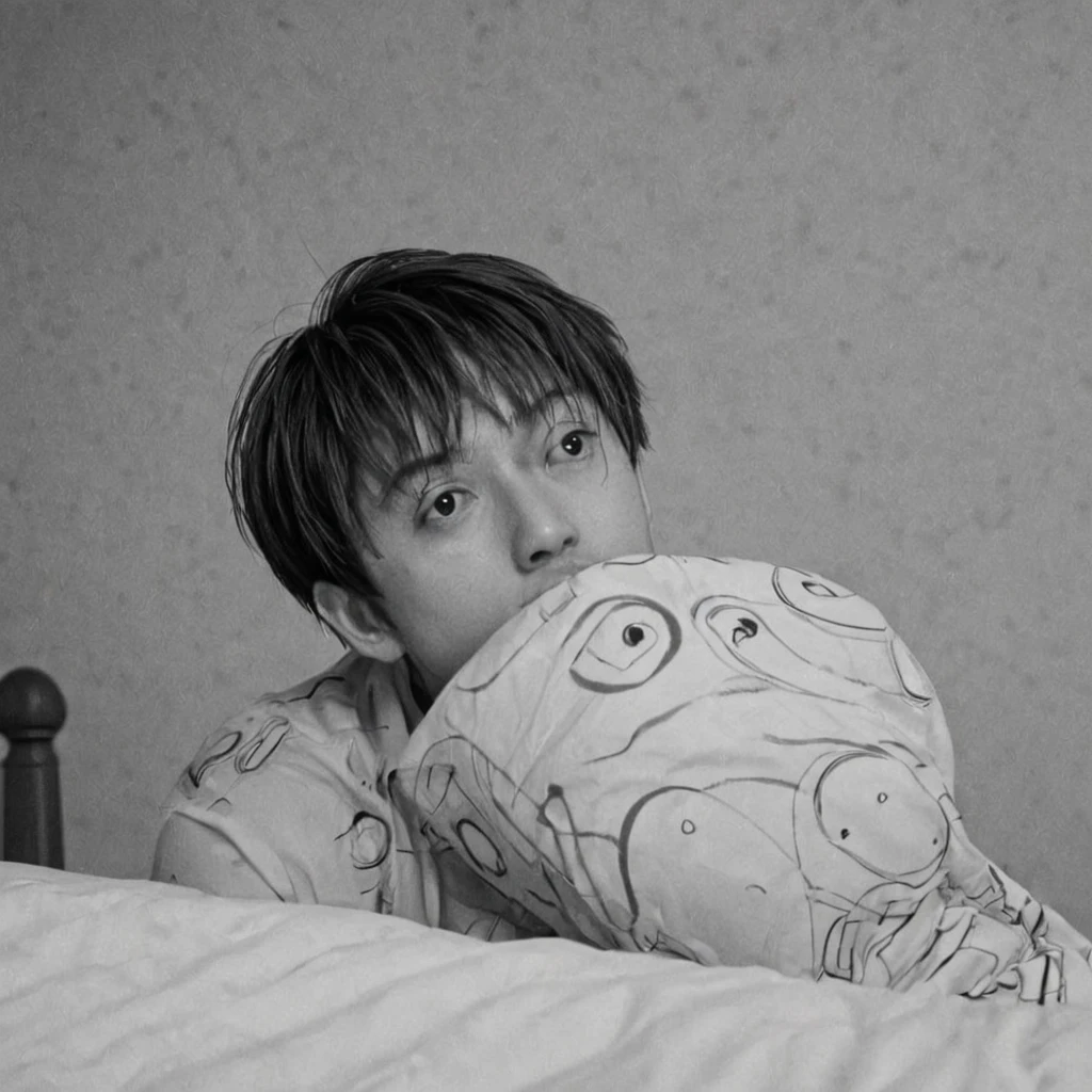 sinking into bed, (anime), bizarre scenario, This is Junji, Yusuke Murata, black and white, 8K, anime, horror