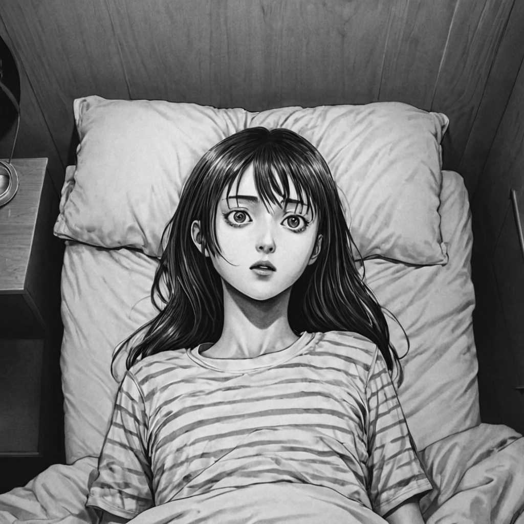 sinking into bed, (anime), bizarre scenario, This is Junji, Yusuke Murata, black and white, 8K, anime, horror