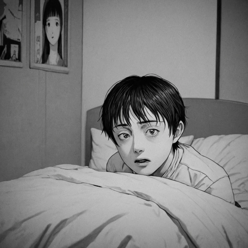 sinking into bed, (anime), bizarre scenario, This is Junji, Yusuke Murata, black and white, 8K, anime, horror