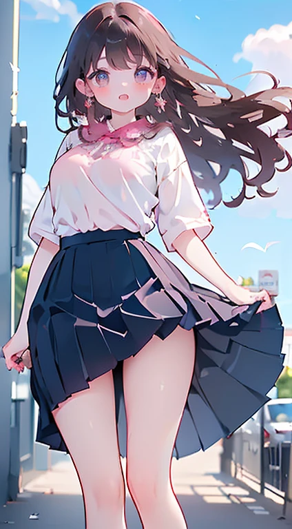1woman,dark brown hair,Long wavy hair、uma mulher de 20 anos、((Impatient expression)),Beautiful Medium Large、white shirt,navy blue pleated mini skirt,well styled,,(facing the front)(((blush cheeks、embarrassed expression)),(((The skirt is rolled up by the wind)))、(pink lace panties)、((facing backwards))、((Visible buttocks))