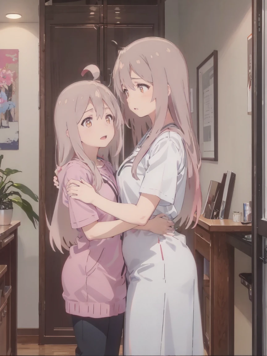 masterpiece, best quality, high quality,2girls,height difference,
BREAK 18yo,miyako_hoshino_watashinitenshigamaiorita, large breasts,, motherly embrace of her face to her chest,
BREAK ****,looking at another,oyama mahiro, long hair, pinkish-gray hair, brown eyes, 