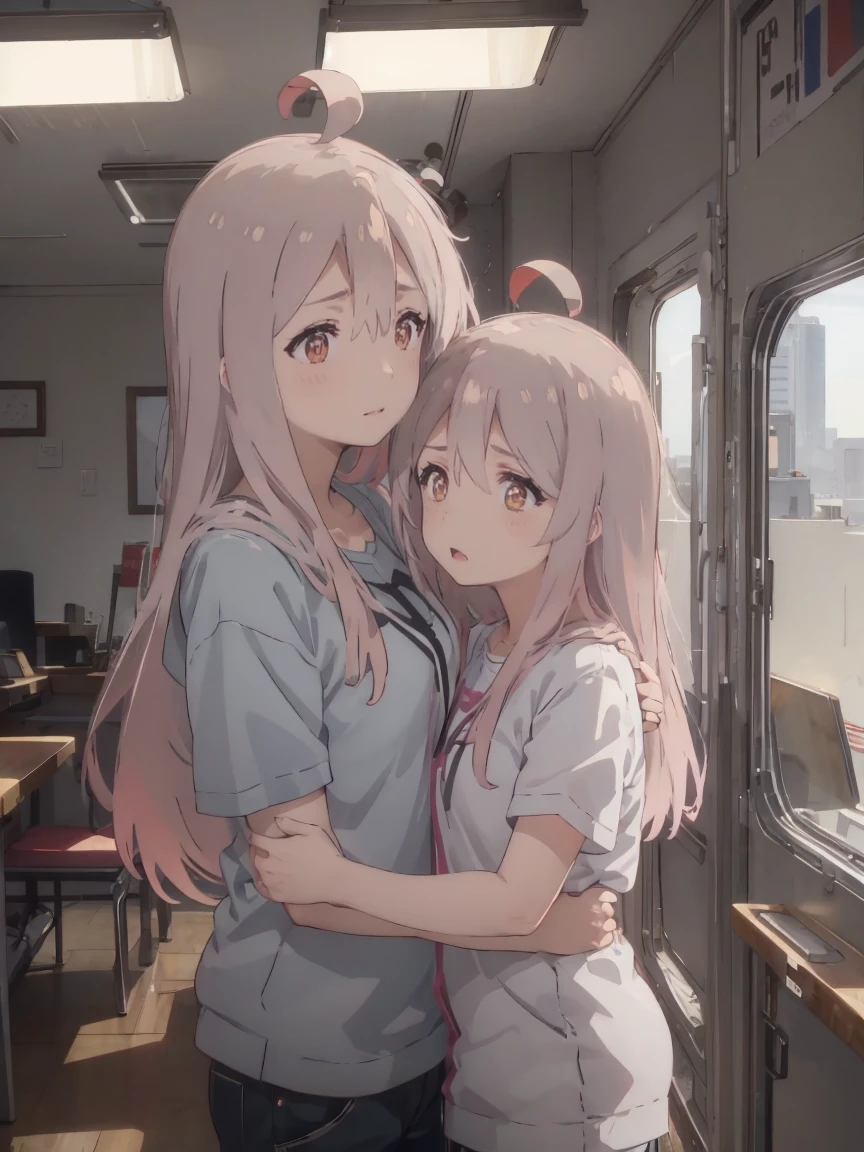 masterpiece, best quality, high quality,2girls,height difference,
BREAK 18yo,miyako_hoshino_watashinitenshigamaiorita, large breasts,, motherly embrace of her face to her chest,
BREAK ****,looking at another,oyama mahiro, long hair, pinkish-gray hair, brown eyes, 