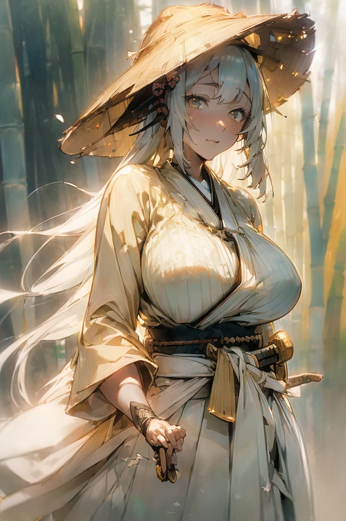 {masterpiece, distinct_image, extremely detailed CG, (extremely detailed fine touch:1.2), (natural light, sun light, light rays, dappled light, ray tracing:1.2), beautiful eyes and detailed face,white ink splashing, photo realistic, 4k, 8k, high_resolution,(perfect_finge:2.0), (beautiful_detailed_eyes:1.3), glitter, white_light, (glow_white_face, front_light:1.3),{1girl, face_focus, looking for_in_viewer, upper_body, dynamic angle, standing, fighting stance, put own sword in sheath, own hand on own waist },{adult, (huge_breasts, wide_hip:1.3), (White sword sheath on waist,Japanese white hakama, white long haori, Detailed sword handle, light yellow_bamboo_hat:1.7),(white_hair, white_eyes, long_hair, fluttering hair, slanted_eyes, bangs:1.4), white background}