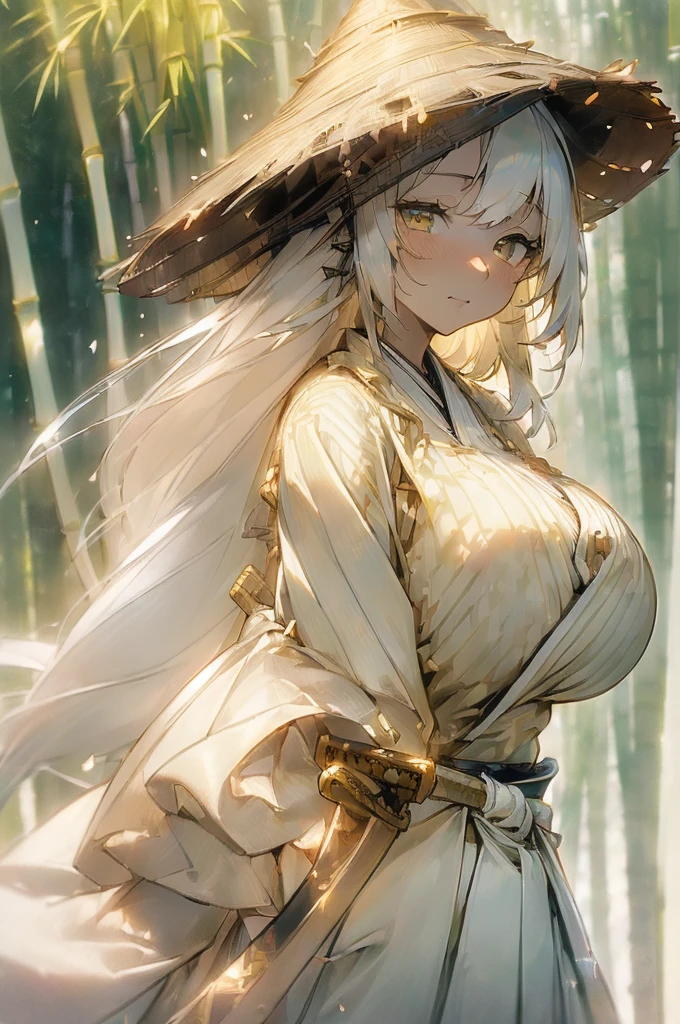 {masterpiece, distinct_image, extremely detailed CG, (extremely detailed fine touch:1.2), (natural light, sun light, light rays, dappled light, ray tracing:1.2), beautiful eyes and detailed face,white ink splashing, photo realistic, 4k, 8k, high_resolution,(perfect_finge:2.0), (beautiful_detailed_eyes:1.3), glitter, white_light, (glow_white_face, front_light:1.3),{1girl, face_focus, looking for_in_viewer, upper_body, dynamic angle, standing, fighting stance, put own sword in sheath, own hand on own waist },{adult, (huge_breasts, wide_hip:1.3), (White sword sheath on waist,Japanese white hakama, white long haori, Detailed sword handle, light yellow_bamboo_hat:1.7),(white_hair, white_eyes, long_hair, fluttering hair, slanted_eyes, bangs:1.4), white background}