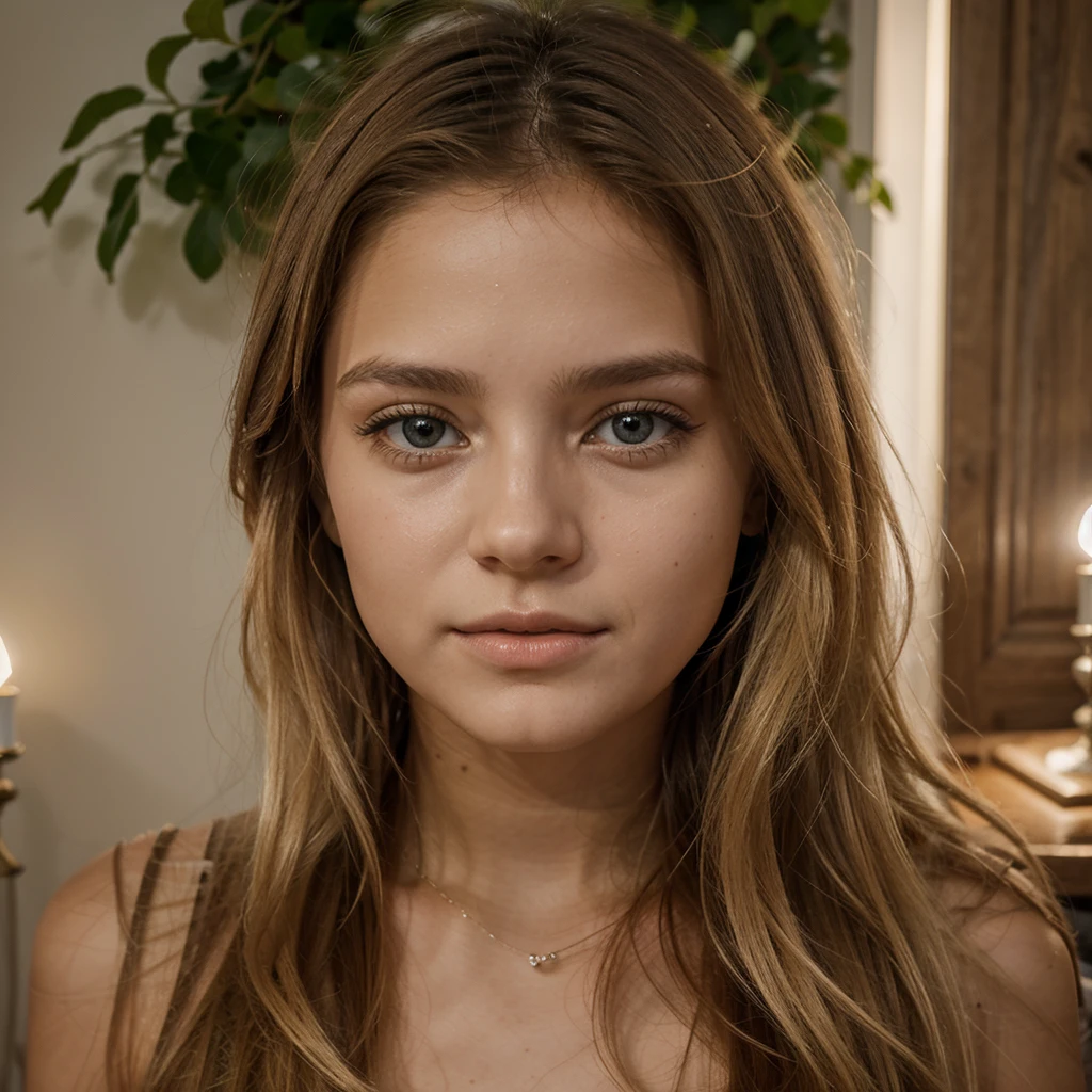 photoréaliste très chaude d'une jeune Colombienne de 21 ans aux longs cheveux blonds flottants et aux yeux bleu saisissants avec un visage d'ange. Elle doit avoir une expression naturelle et accessible et être éclairée par une lumière douce et dorée au corp athlétique au bord dans une ville grecque