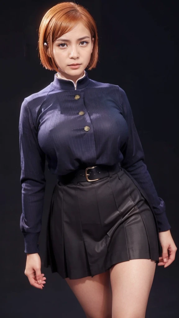 （（（Perfect figure，figure，独奏， （（（Blue black jacket, blue black pleated skirt, black stockings, brown shoes, brown belt ））），（（（nobarakugisakinova，Orange Eyes，orange short hair））），((masterpiece)),high resolution, ((Best quality at best))，masterpiece，quality，Best quality，（（（ Exquisite facial features，Looking at the audience,There is light in the eyes，(（（Lol，confidence））)，））），型figure:1.7））），（（（Light and shadow，Huge breasts））），（（（Looking at the camera，black background，）））realistic face and skin tone.