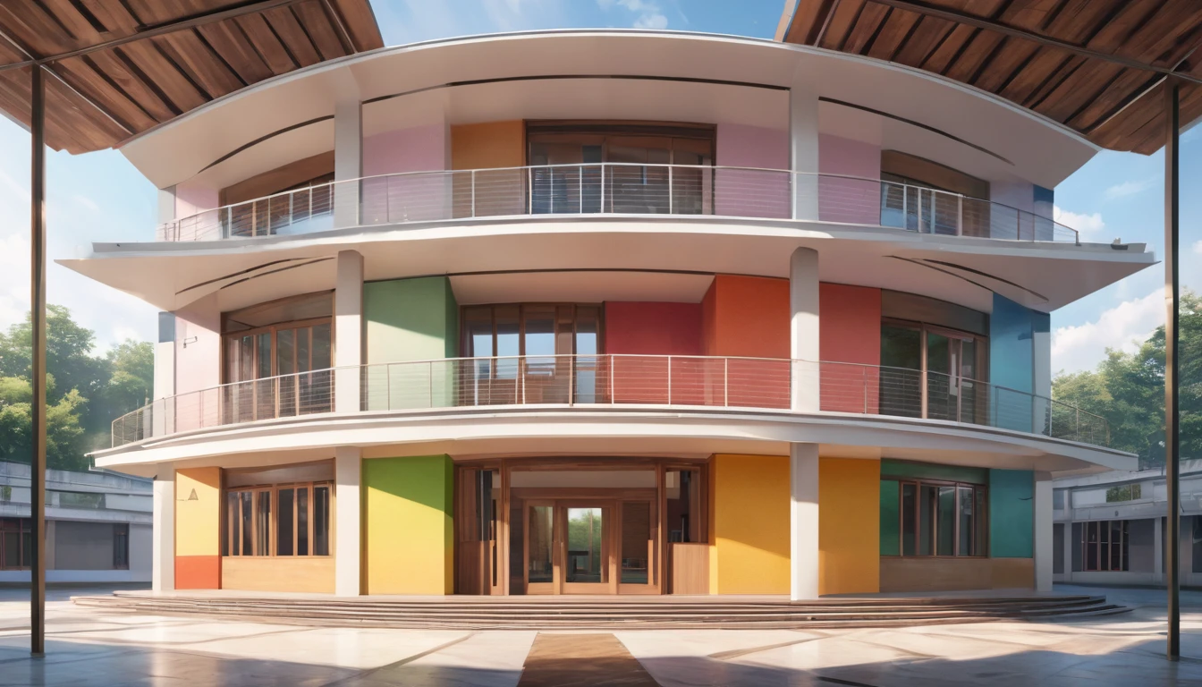 highly detailed, symmetrical big school building, white painted exterior, simple geometric architectural design, (best quality,4k,8k,highres,masterpiece:1.2),ultra-detailed,(realistic,photorealistic,photo-realistic:1.37),HDR,UHB,studio lighting,ultra-fine painting,sharp focus,physically-based rendering,extreme detail description,professional,vivid colors,concept art