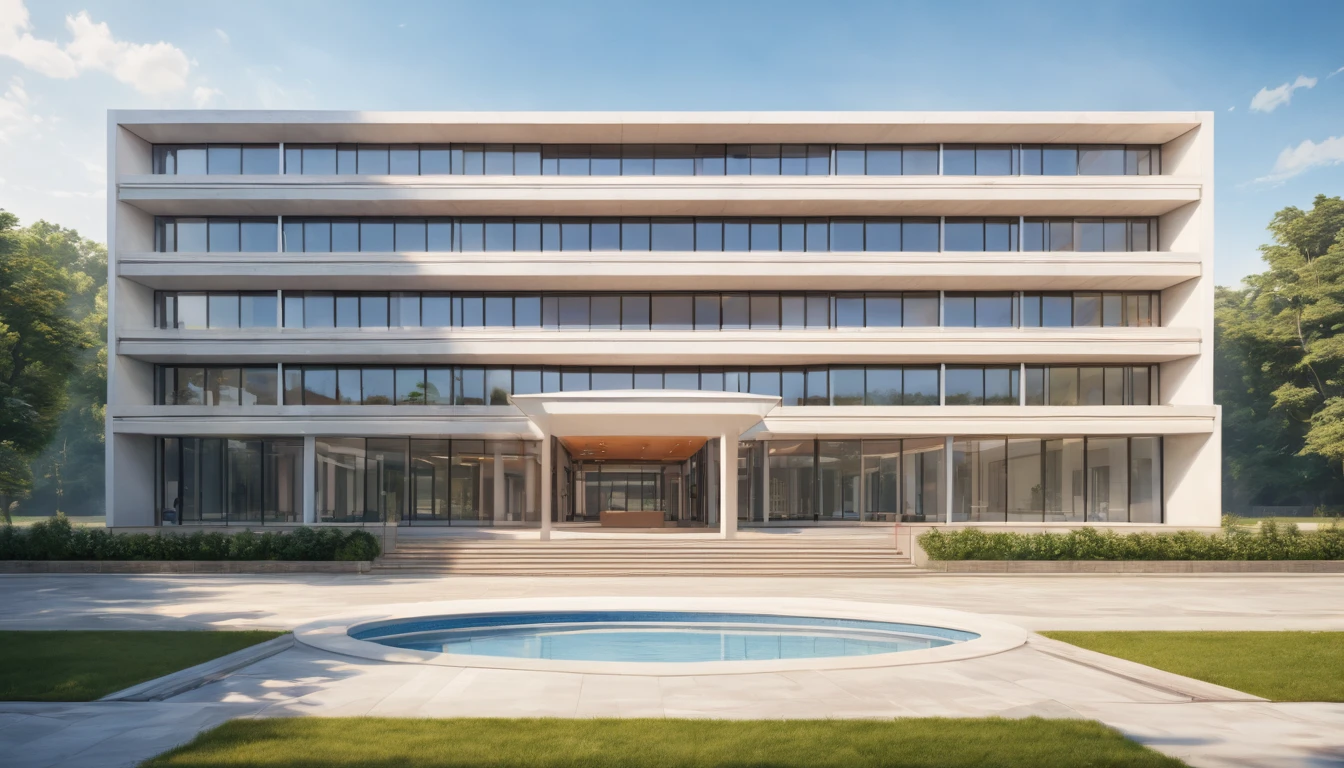 highly detailed, symmetrical big school building, white painted exterior, simple geometric architectural design, (best quality,4k,8k,highres,masterpiece:1.2),ultra-detailed,(realistic,photorealistic,photo-realistic:1.37),HDR,UHB,studio lighting,ultra-fine painting,sharp focus,physically-based rendering,extreme detail description,professional,vivid colors,concept art
