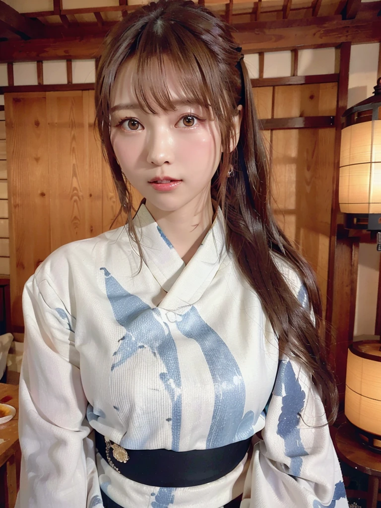 (Highest quality、8K、32k、masterpiece)、(masterpiece, Latest,Exceptional:1.2), anime, One Girl,Front hair,black_hair, 美しい8Kの目,Looking_in_audience,One person in,Are standing,((Very beautiful woman, Fuller lips, Japanese pintern kimono))、((Colorful Japanese kimono)))、(((Medium Shot)))、blunt bungs、(High resolution)、Very beautiful face and eyes、1 Girl 、Round and small face、Tight waist、delicine body、(Highest quality high detail Rich skin details)、(Highest quality、8K、Oil paints:1.2)、Very detailed、(Realistic、Realistic:1.37)、Bright colors、(((blackhair)))、(((longhair)))、(((cowboy pictures)))、((( Inside  old Japanese house)))、(masterpiece, Highest quality, Highest quality, Official Art, beautifully、beautiful:1.2), (One Girl), Very detailedな,(Fractal Art:1.3),colorful,Most detailed,Sengoku period(High resolution)、Very beautiful face and eyes、1 Girl 、Round and small face、Tight waist、Delicine body、(Highest quality high detail Rich skin details)、(Highest quality、8K、Oil paints:1.2)、(Realistic、Realistic:1.37)、By Greg Rutkowski：Alphonse Mucha Ropp, pink lip
