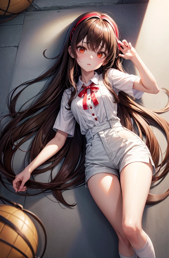 Anju from zombie 100 anime, she has long brown hair with a red ribbon hairband, white buttoned shirt wjth short sleeves, overall shorts, short white socks, and white dress shoes, she has a slender body with a flat chest and a medium bubble butt. 