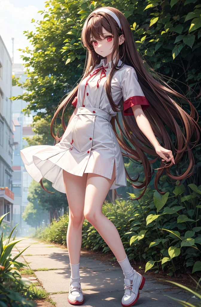 Anju from zombie 100 anime, she has long brown hair with a red ribbon hairband, white buttoned shirt wjth short sleeves, overall shorts, short white socks, and white dress shoes, she has a slender body with a flat chest and a medium bubble butt. 
