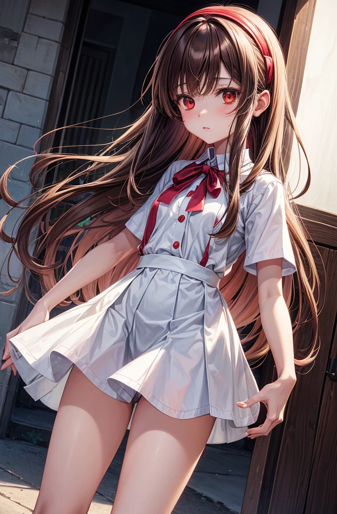 Anju from zombie 100 anime, she has long brown hair with a red ribbon hairband, white buttoned shirt wjth short sleeves, overall shorts, short white socks, and white dress shoes, she has a slender body with a flat chest and a medium bubble butt. 