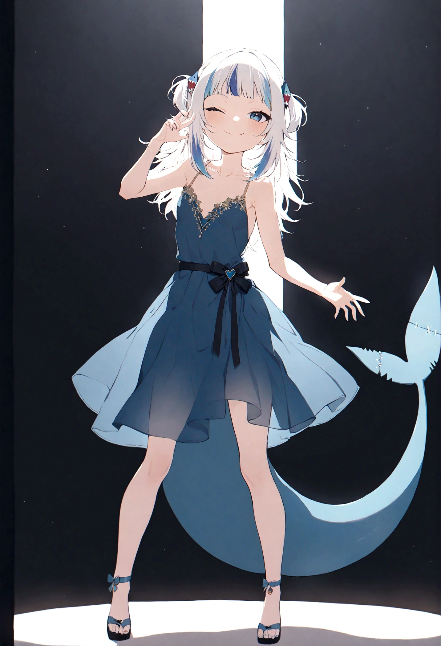 (muste piece), (best quality), very detailed eyes, expressive eyes, perfect face, very detailed face, highly detailed face, beautiful girl, 8K, beautiful girl, white background, delicate and beautiful face and eyes, dark intense shadow, 
1 girl, vtuber style, cool girl, hololive, gawr gura, shark tail, see-through:evening dress, small chest, cropped shoulders, clavicle, one eye close winking, smile, (full body), standing,