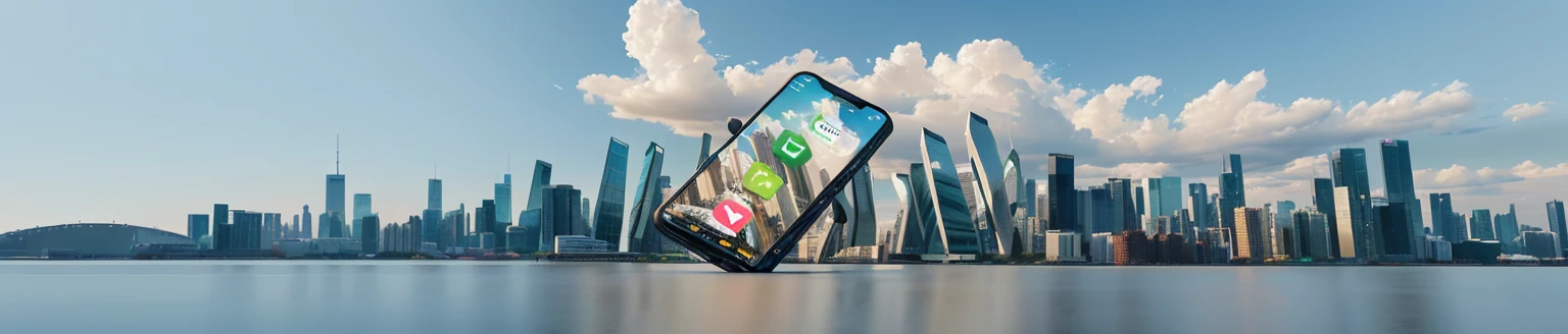 A big city in the background，There are a lot of high-rise buildings, corporate phone Application Icon, 3d icons for mobile games, City as background, City background, tech City as background, Wide Portrait, hq 4k mobile wallpaper, Mobile game background, Skyscrapers in the background, Color digital screen) New XF IQ4, Application Icon