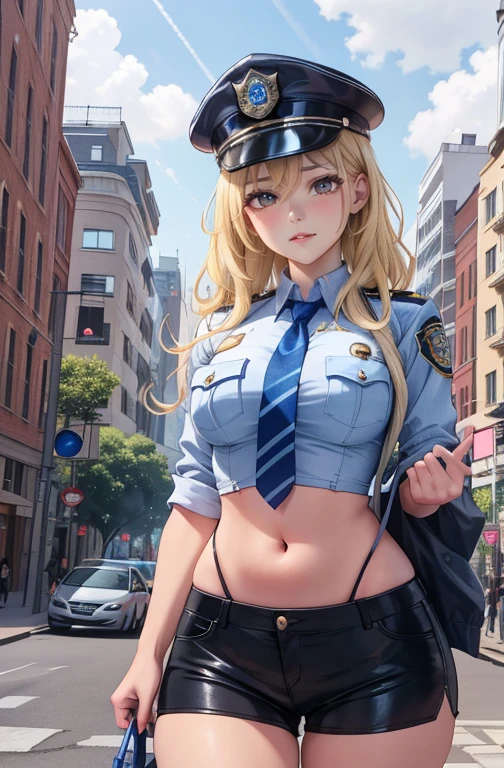 Kelly, hair blonde, blue colored eyes, wart under the mouth,  
make up, lips, curly hair, eyelash, 
standing alone, trunk, standing,  ssmile, 
natta, streets, city scape, carriages,  
uniforme policial, police hat, tummy,  black short shorts, blue shoes,  blue necktie, 
 (incredibily detailed, beautifull detailed face, work of art, beautiful detailed eyes, best qualityer) 
 