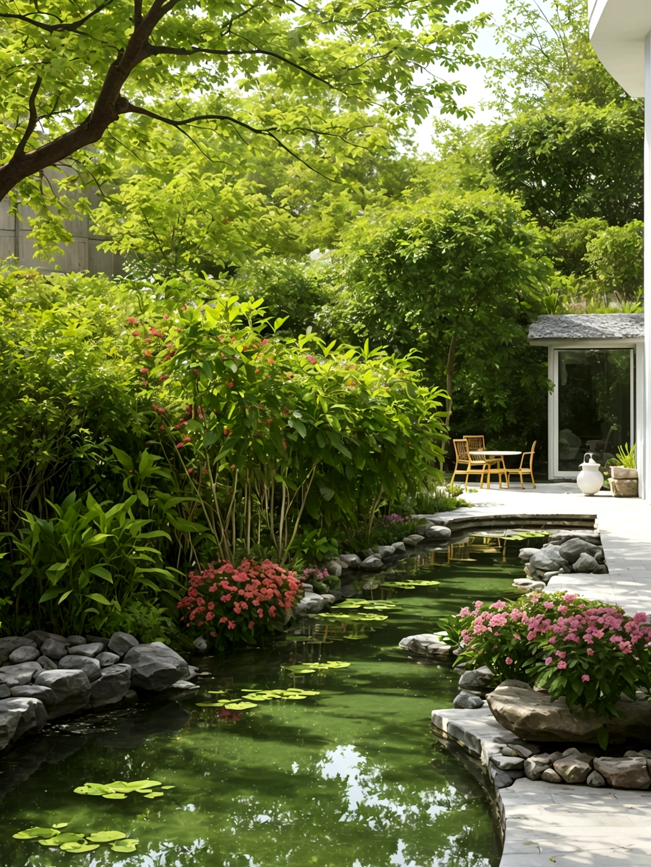 Bright colorful flowers、Bright beautiful plants、Close-up 、(Clear focus 、Luxury lantern chair、Beautiful vase)Pool、