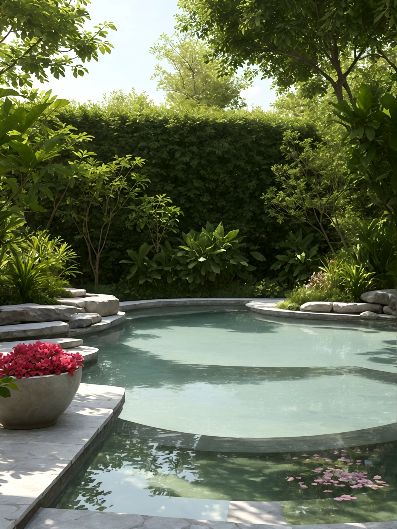 Bright colorful flowers、Bright beautiful plants、Close-up 、(Clear focus 、Luxury lantern chair、Beautiful vase)Pool、