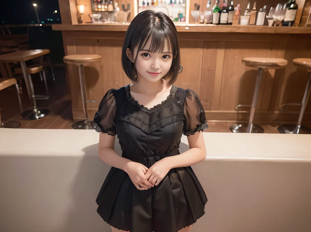 (Highest quality, masterpiece, Ultra-high resolution, 8K, RAW Photos, Realistic, Anatomically correct:1.5), 20-year-old girl:1.2, Embarrassing, avert your eyes, blush:1.0, View Viewer, ((Bar Lounge)) 、Night view、 Light:1.2, Bokeh, Cinema Lighting:1.0, Depth of written boundary, sharp、 Cute face、Idol、Black short sleeve lace top、Black pleated skirt、Black clothing、”dwarf”、(Floral clothes)、(Full Body Shot)、Side angle、Cowboy Shot、 smile、(Ultra short hair)、(Short bob cut)、(Straight bangs)、((See-through))、(( One Girl))、Large Breasts、