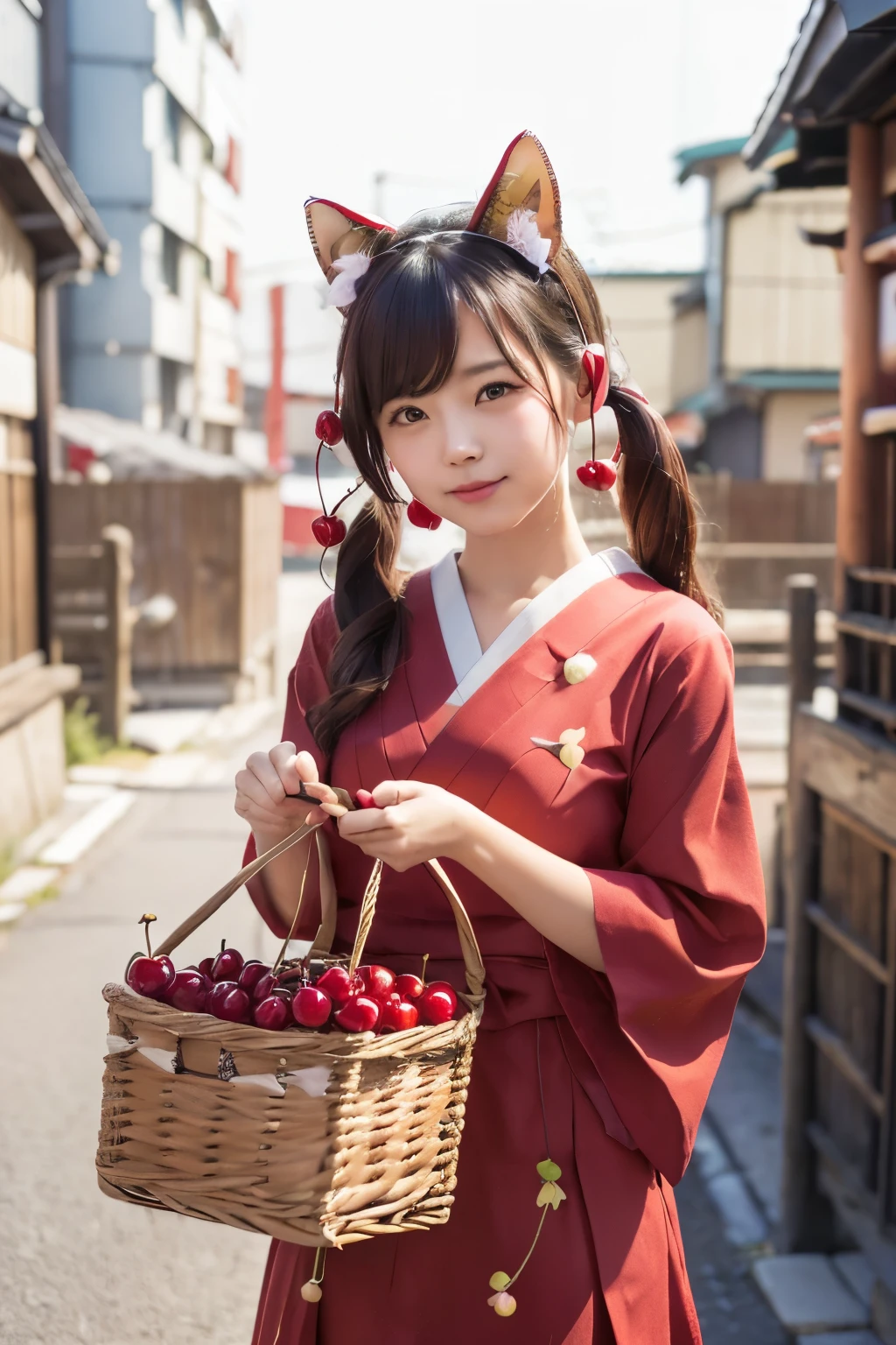 Masterpiece, 16K, bokeh,
(Beautiful girl),  
(cat ears:1.3), (Japanese idle:1.6),

(Beautiful woman holding a basket full of cherries with both hands)

cherry patern dress
(many cherry fruits:1.5)