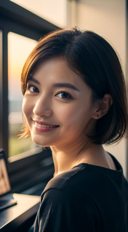 Top quality,8K picture quality,masterpiece:1.3),(Ultra-high resolution,Realism:1.4,original photography),(Ultra Detailed,Caustic lines,Detailed background),(Ultra-realistic capture,Beautifully detailed skin,perfect anatomy),at sunset,sunset sky,Desk,35 years old,Mature,Single eyelid,Black short bob,dark blue shirt,Looking at the camera,a smile,Natural soft lighting