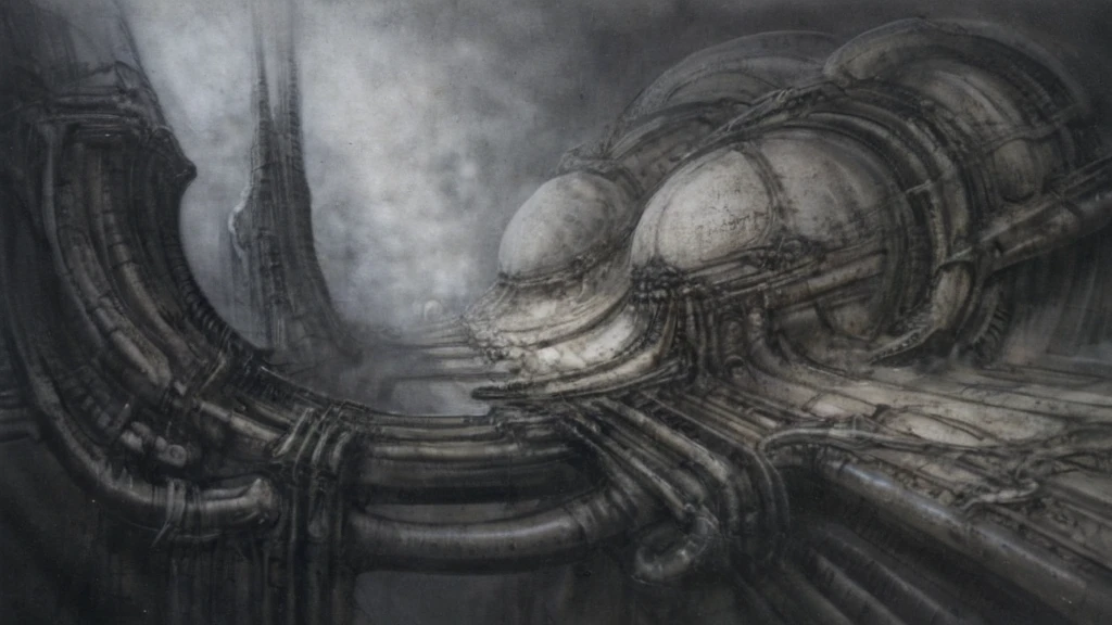 Create biomechanical tableau with some of the artistic techniques and compositional features used in /&quot;Necron IV/” by h r (Hans Rudie) giger:
 The image depicts a complex, sprawling city made of dark ivory, metal and wires. The city is densely packed with loops and twists, resembling a massive, intricate machine.
The painting is composed around a central focus of bone-like celestial formations and tectonic weathering structures with a phallic spine. This central form is the most detailed and brightly lit part of the painting, and it draws the viewer's eye in.The central focus is emphasized by the use of light and shadow. The light source is coming from the top left of the painting, and it casts a bright spotlight on the scene.
Biomorphic forms: The biomechanical forms in the painting are inspired by biological organisms, but they are also machine-like. These forms create a sense of unease and discomfort, as they blur the line between the natural and the artificial
. The image is highly detailed and intricate, uses, with transparent organs and bones exposed). The piece has a thick mechano-organic texture and is covered in fine details. The image has a swirling, organic quality to it. The artistic manner would be unmistakably Gigeresque. A dark and unsettling beauty would permeate the piece, blurring the lines between fascination and repulsion , forever haunted by the grotesque allure. Giger's signature artistic manner would be evident in every stroke. The airbrush would be wielded with masterful precision to create a hyperrealistic yet nightmarish aesthetic.,hrgiger,H.G. Giger Style, Biomechanics,HRGigerArhP style