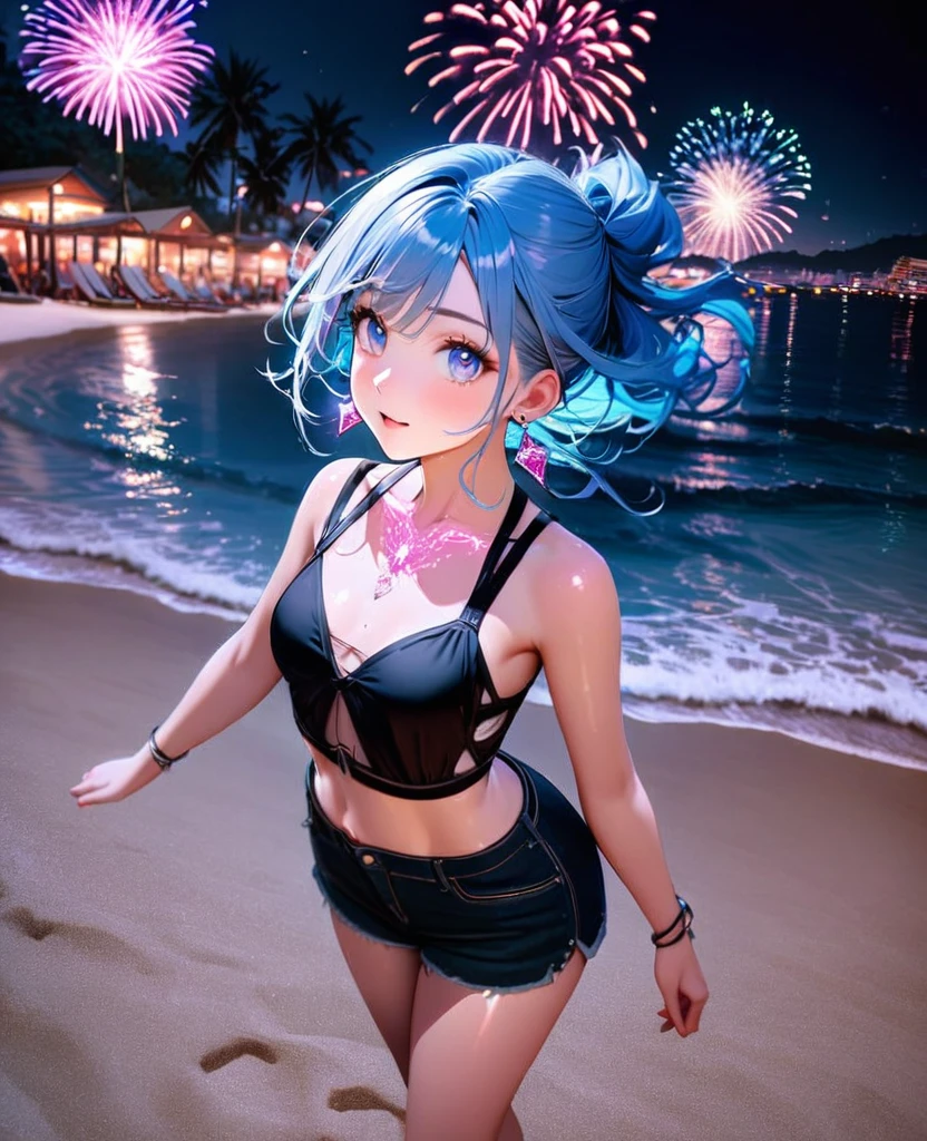 8K,gal,an extremely delicate and beautiful,Beautiful and realistic skin,Shiny jewel-like earrings,pink glowing tattoo,Long blue hair,beautiful eyes,whole body,black tunktop,short pants,Summer beach,night,Beautiful glowing fireworks