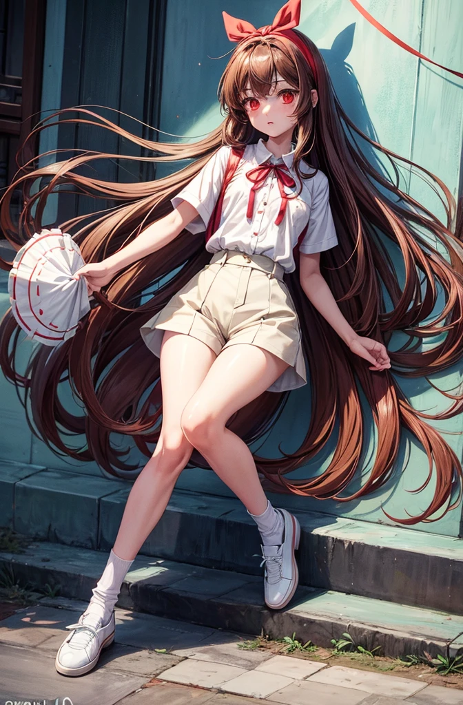 Anju from zombie 100 anime, she has long brown hair with a red ribbon hairband, white buttoned shirt wjth short sleeves, overall shorts, short white socks, and white dress shoes, she has a slender body with a flat chest and a medium bubble butt.