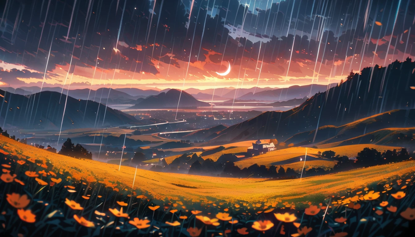 Rain, downpour, flower field, bright night, aesthetics, star filled sky, landscape, crescent moon, deep blue and bright orange, animation, ghibli-like colors, cinematic lighting, wide shot, 16k, 8k, high resolution, top quality, high quality, awards, super detailed, accurate, masterpiece, super high resolution, fantastic