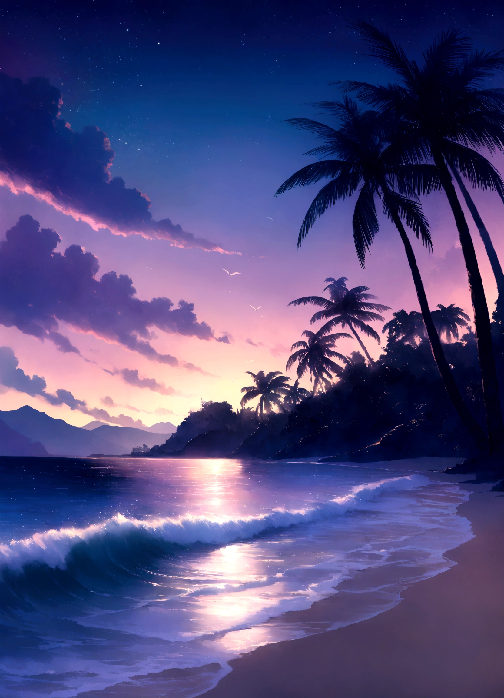 (Highest quality,High resolution),(Realistic:1.37),(landscape:1.2),夜の静かなビーチのlandscape,Gentle waves crash on the shore,The soft moonlight illuminates the scene.,Sand shining in the moonlight,A gentle breeze rustling the palm trees,Silhouette of a single palm tree in the foreground,Starry sky with a few scattered clouds,A calm atmosphere with a sense of solitude,Distant cries of seagulls echo in the background.,The subtle sounds of the waves create a soothing rhythm,Deep blue and purple hues dominate the color palette.