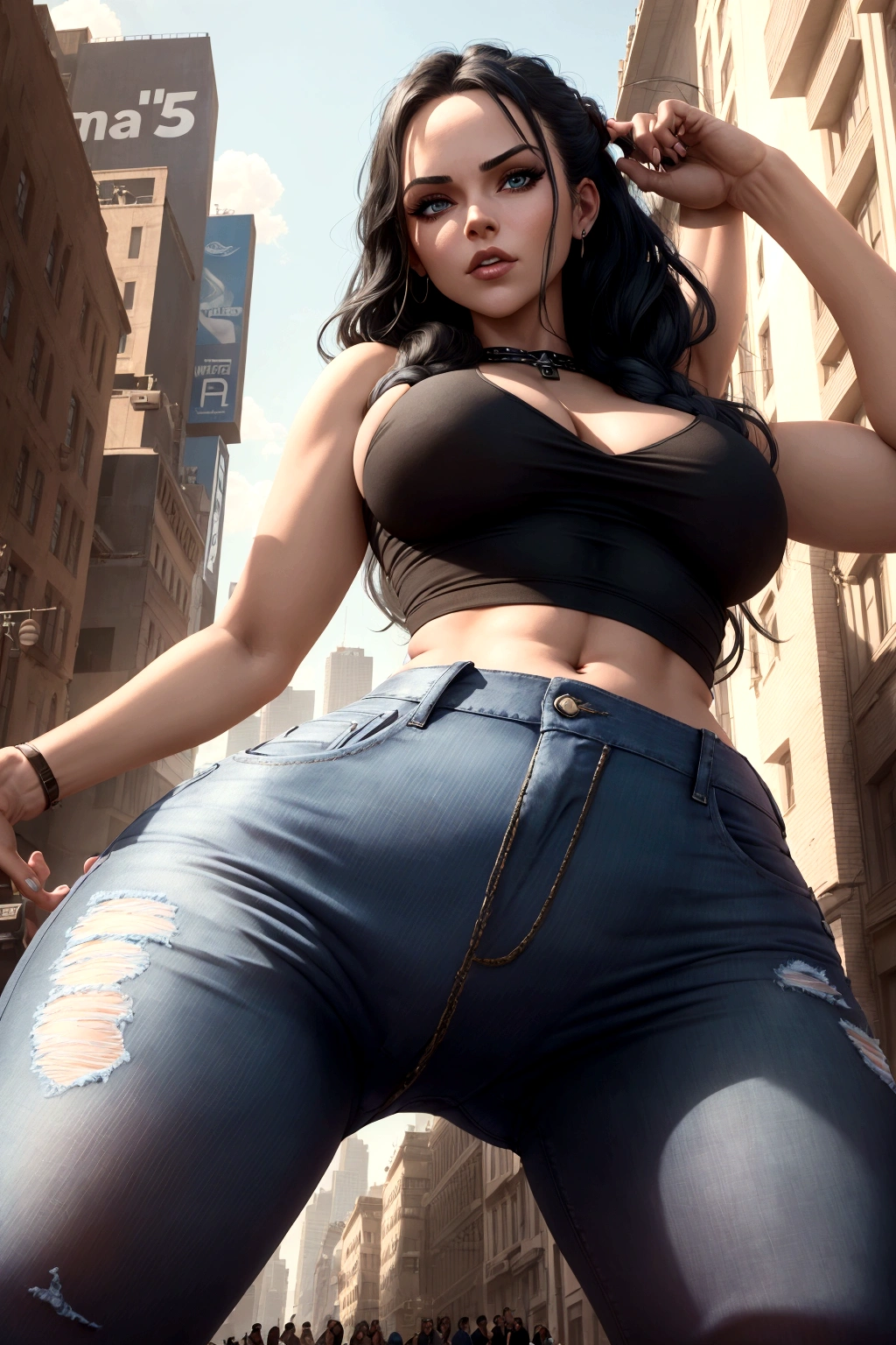 Arafed woman in a black top and jeans poses for a photo, very detailed photo of a giantess, Blue jeans. Unreal 5, schwarze extrem enge jeans, Posing in a city street, extremely detailed shot of a giantess, enge jeans, sexy girl, wearing a sexy crop top, Wear jeans, Sexy look, on city, Full body closeup