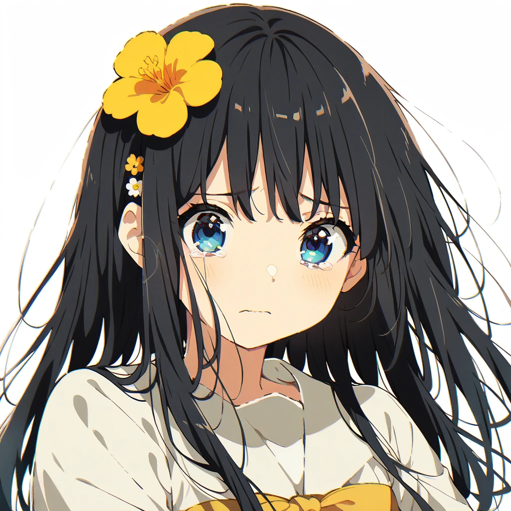 Masterpiece, Best quality, solo female, young girl, sister-like, blue eyes color, long hair, black color hair, teary eyes, crying, sparkless eyes, depression eyes, hopeless expression, anxiety, messy , flower hairpin, frontal photo, anime, illustration, full body 