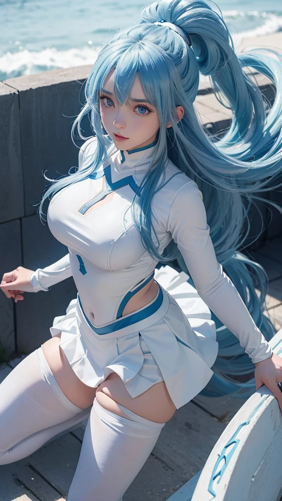 AquaTeenager girl from KonoSuba's anime, beautiful girl, blue eyes, long blue hair, highly detailed drawing anime, full length body, wears a white ninja outfit, white ninja suit, swipe mini white ninja skirt, middle white hightights 4K quality, 8K resolution