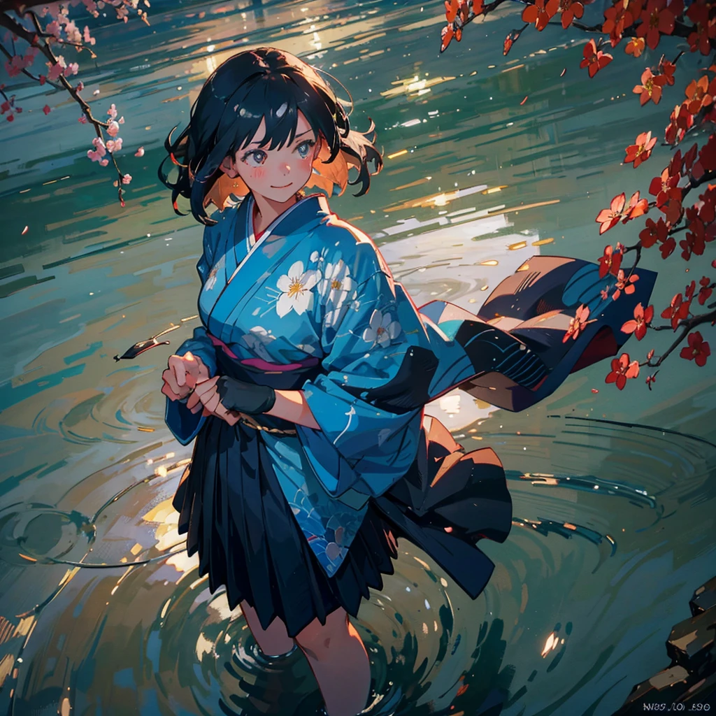 (masterpiece), (high resolution 8K), professional illustration, 1 girl, late teenage, standing, long shot, dutch angle, japanese clothes, kimono, medium hair, happy laughing, looking away, waterfalls, clear streams, morning, natural lighting, high contrast, stunning face, symmetrical clear eyes, detailed eyes and face, Shinkai Makoto style