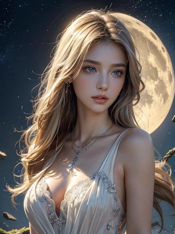 ultra realistic professionals full body camera(((wearing white dress , 2 moons in night sky))) (photo 1028k qhd) by (James C. Christensen:1.2|Jeremy Lipking:1.1), (Dittmann Anna:0.3), (jiner:0.3), (mise au point nette:1.3) lndswgnr,High detail, instagram top model,, beautiful detailed ice baby blue eyes, k eyes,(eye makeup:1.2) sleeping Pose of the Instagram model, perfect button nose,masterpiece, best quality, ultra-detailed, (photorealistic), an extremely delicate and beautiful, professional lighting, The singing of the Mermaid Princess, the calm sea, the full 2 moons, the reflecting water, the quiet night,